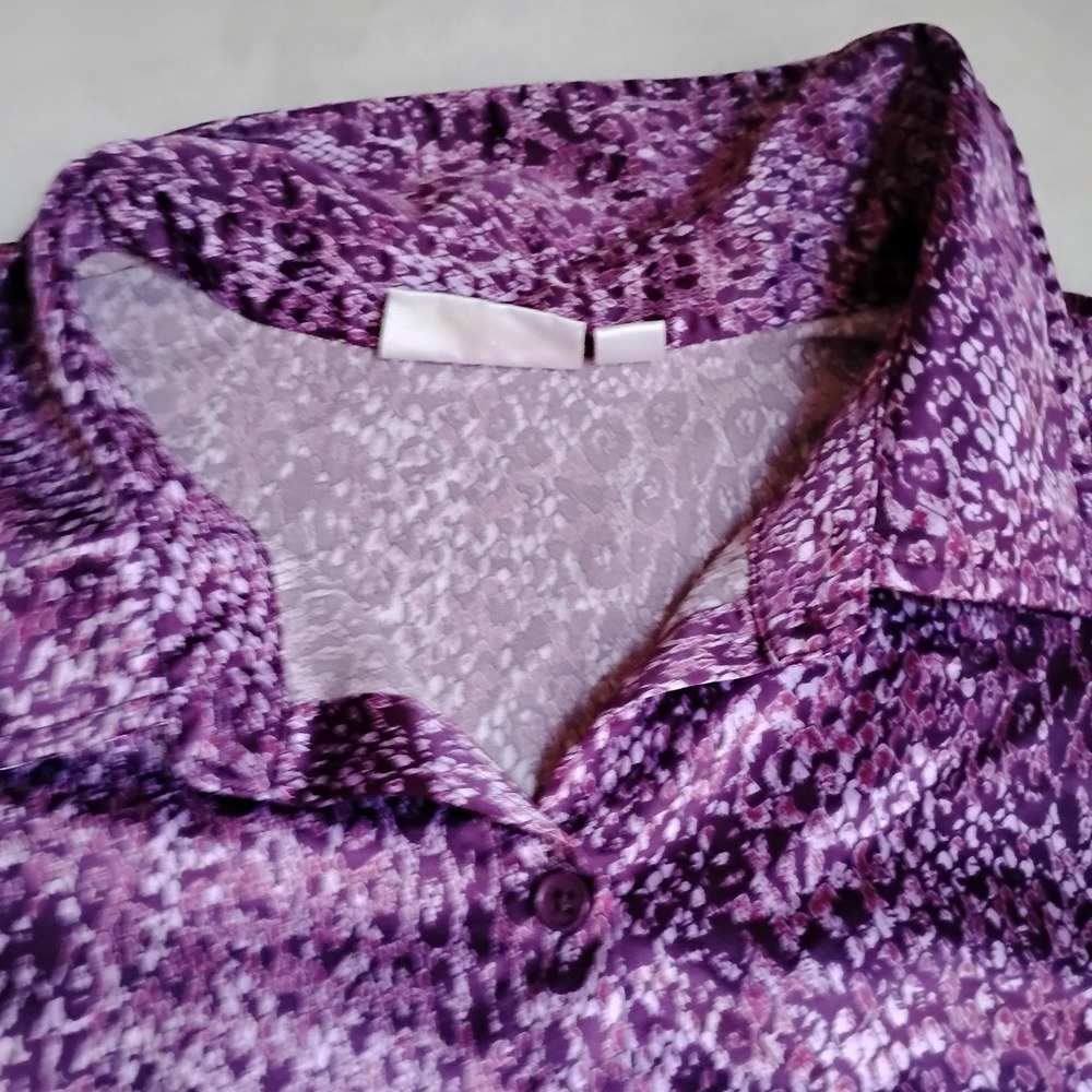 Belle Kim Gravel Top 3x Button Down Animal Print Satin Capsule Office Purple - Picture 3 of 13